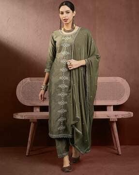 women embroidered straight kurta set with dupatta