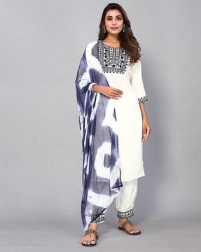 women embroidered straight kurta set with dupatta