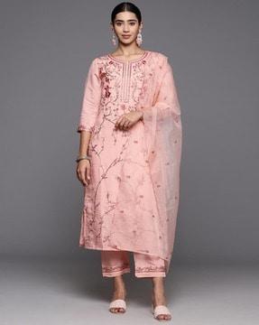 women embroidered straight kurta set with dupatta