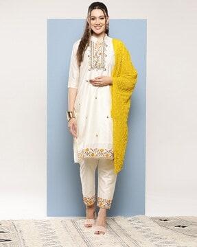 women embroidered straight kurta set with dupatta