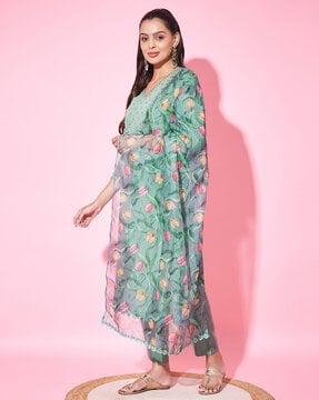 women embroidered straight kurta set with dupatta