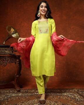 women embroidered straight kurta set with dupatta