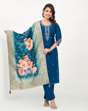 women embroidered straight kurta set with dupatta