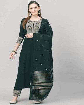 women embroidered straight kurta set with dupatta