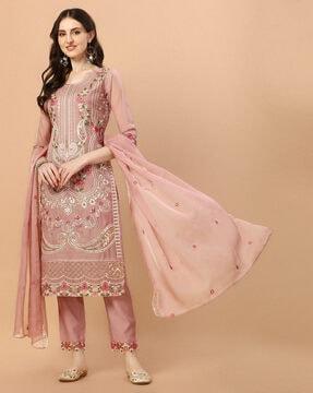 women embroidered straight kurta set with dupatta