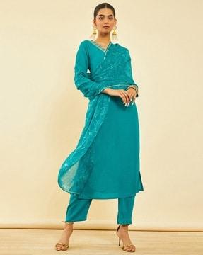 women embroidered straight kurta set with dupatta