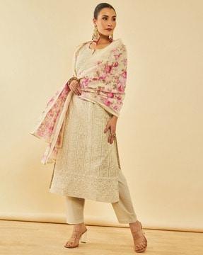 women embroidered straight kurta set with dupatta