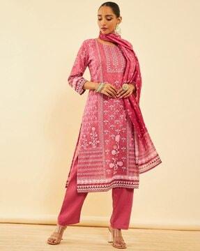 women embroidered straight kurta set with dupatta