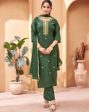 women embroidered straight kurta set with dupatta