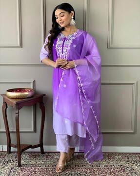 women embroidered straight kurta set with dupatta