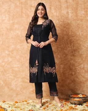 women embroidered straight kurta set with jacket