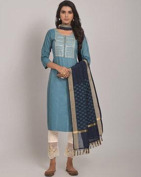 women embroidered straight kurta set