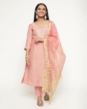 women embroidered straight kurta set