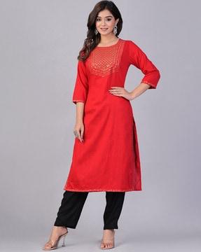 women embroidered straight kurta set