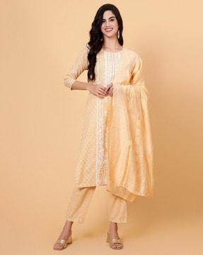 women embroidered straight kurta set