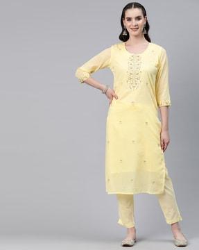 women embroidered straight kurta set