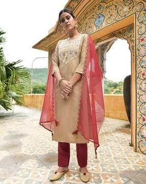 women embroidered straight kurta set