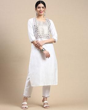 women embroidered straight kurta set