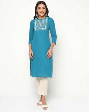 women embroidered straight kurta set