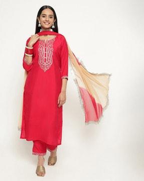 women embroidered straight kurta set