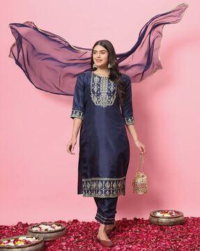 women embroidered straight kurta set