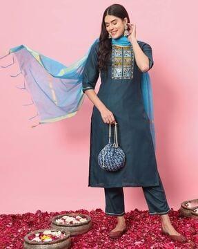 women embroidered straight kurta set