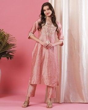 women embroidered straight kurta set