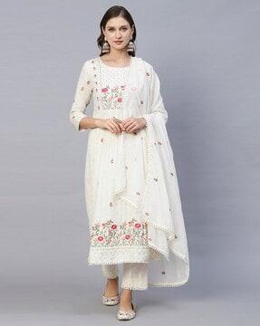 women embroidered straight kurta set