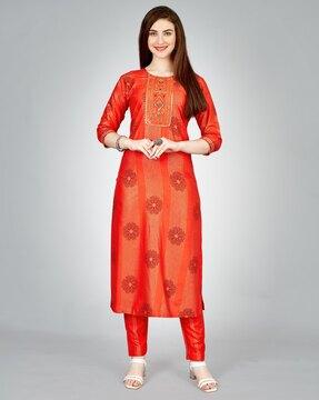 women embroidered straight kurta set