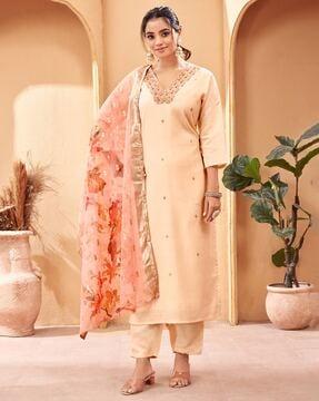 women embroidered straight kurta set