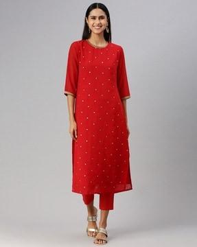 women embroidered straight kurta set