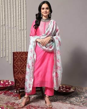 women embroidered straight kurta set