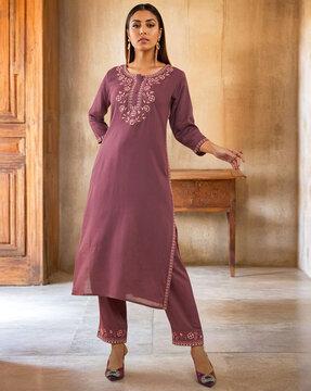 women embroidered straight kurta set