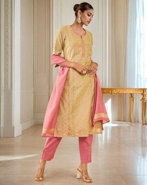 women embroidered straight kurta set