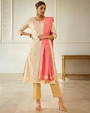 women embroidered straight kurta set