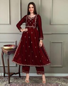 women embroidered straight kurta set