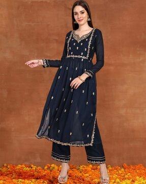 women embroidered straight kurta set