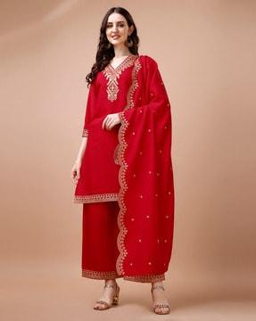 women embroidered straight kurta set