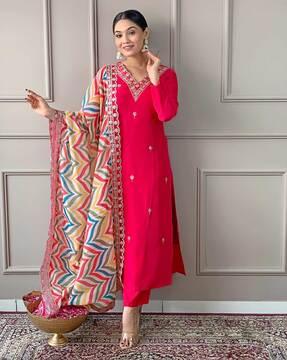 women embroidered straight kurta set