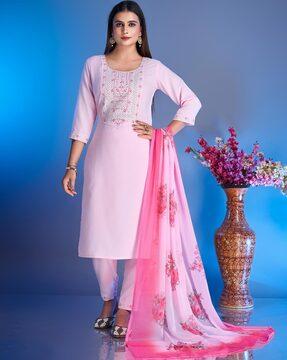 women embroidered straight kurta set