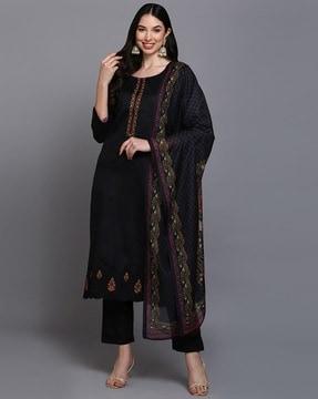 women embroidered straight kurta set