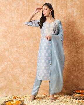 women embroidered straight kurta set