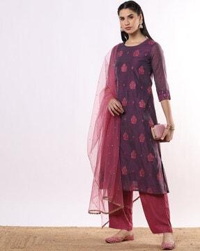 women embroidered straight kurta suit set