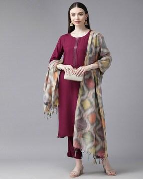 women embroidered straight kurta suit set