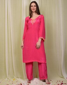 women embroidered straight kurta suit set