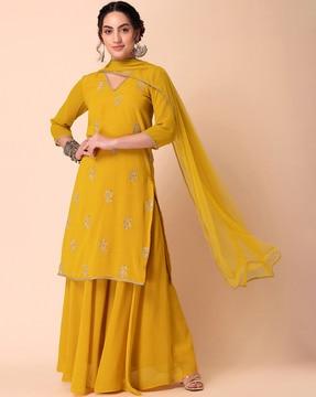 women embroidered straight kurta suit set