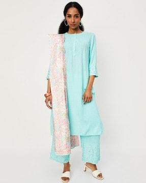 women embroidered straight kurta suit set