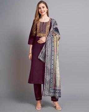 women embroidered straight kurta suit set