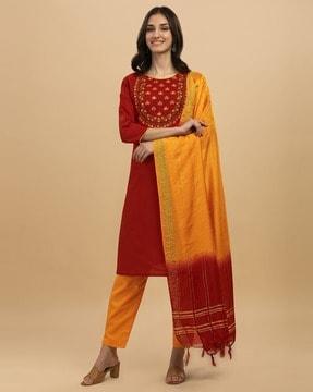 women embroidered straight kurta suit set