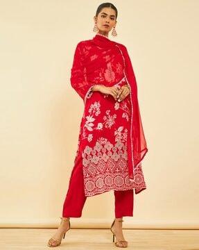 women embroidered straight kurta suit set